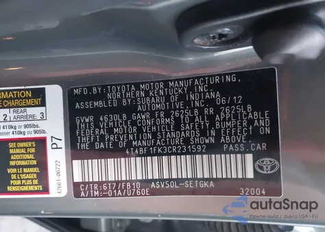 2012 Toyota Camry Xle из США, поврежденный, VIN 4T4BF1FK3CR231592